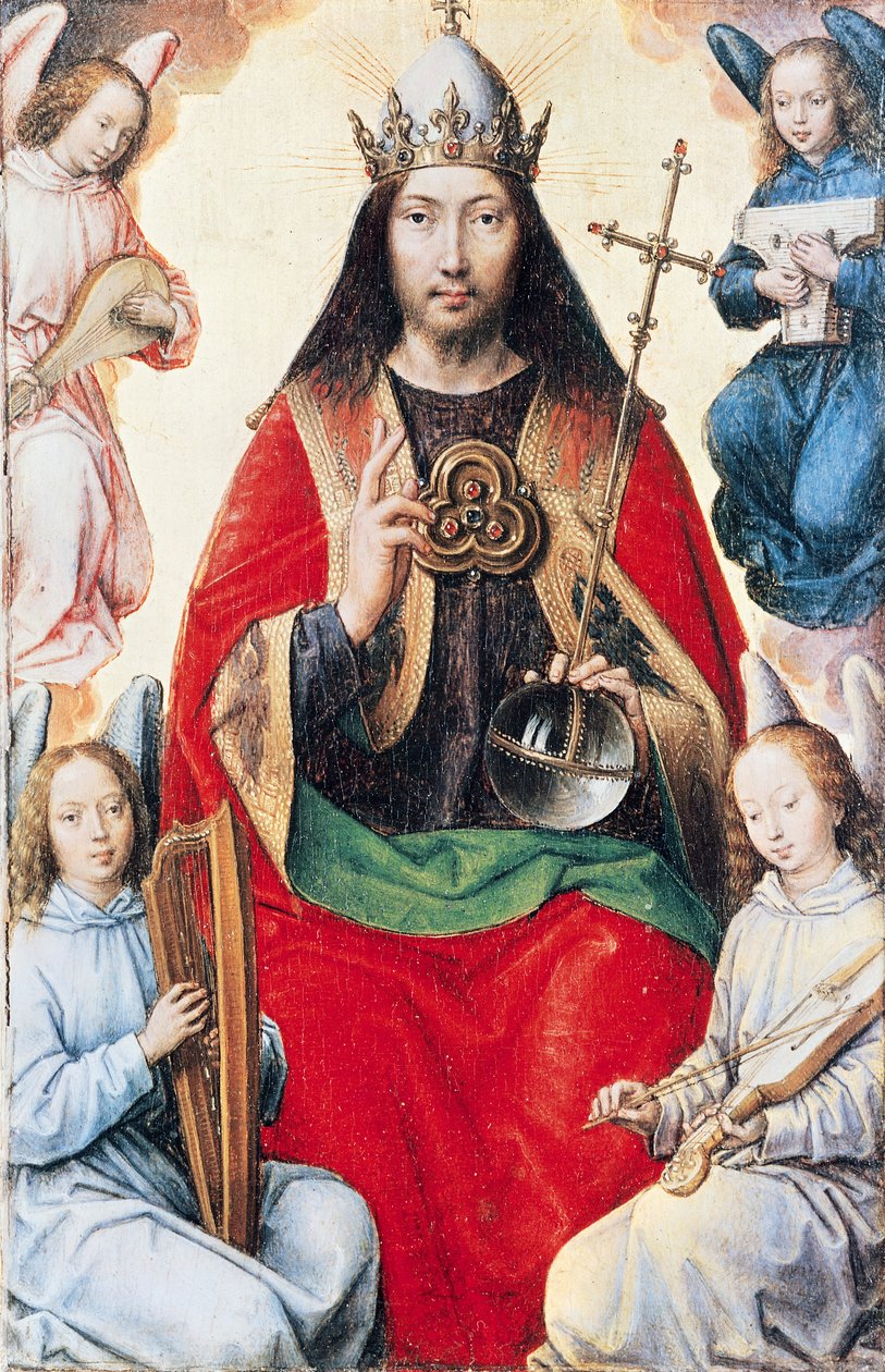 Triptyykki maallisesta turhamaisuudesta ja jumalallisesta pelastuksesta, Kristus kirkkaudessa keskipaneelin kääntöpuolelta, n. 1485 tekijältä Hans Memling