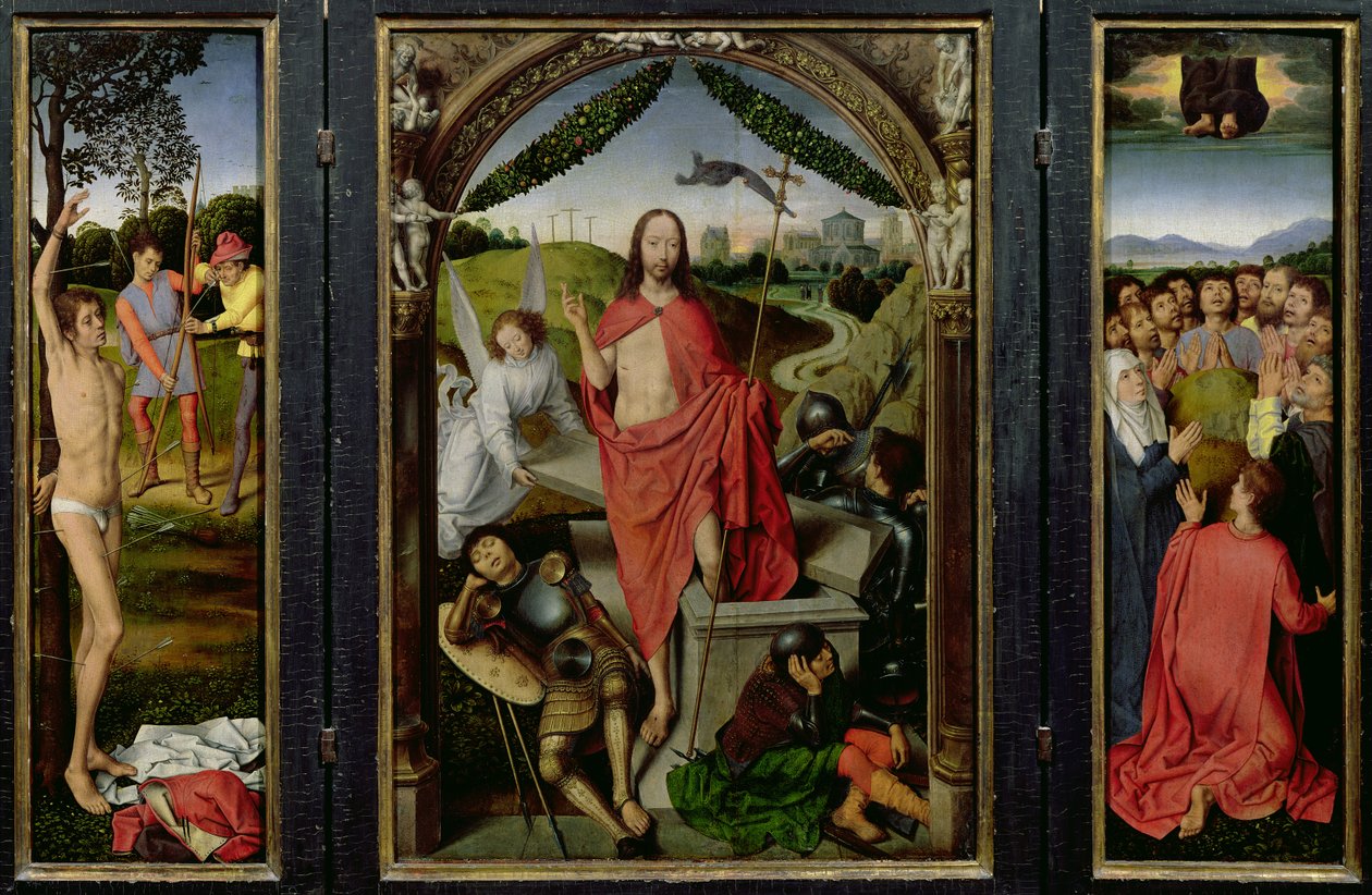 Ylösnousemuksen triptyykki: Ylösnousemus (keskellä) Pyhän Sebastianin marttyyrikuolema (vas.) ja Ascension (oikealla) n. 1485-1490 tekijältä Hans Memling