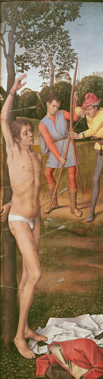 Ylösnousemustriptyykki, vasen paneeli: Sebastianin marttyyrikuolema, n. 1485-90 (öljy tammelle). tekijältä Hans Memling