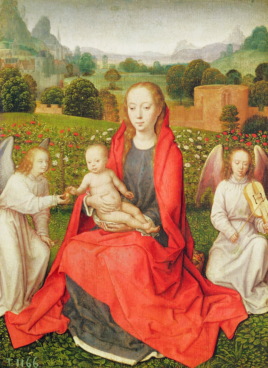 Neitsyt ja lapsi kahden enkelin välissä, noin 1480-luku (öljy tammella) tekijältä Hans Memling