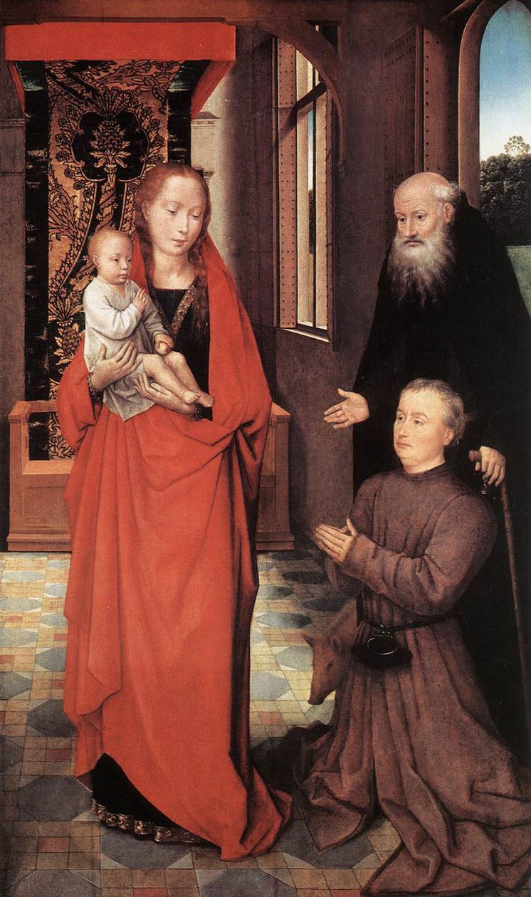 Neitsyt ja lapsi pyhän Anthony Abbotin ja luovuttajan kanssa tekijältä Hans Memling