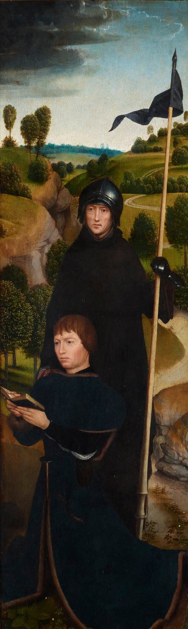 Nuori mies rukoilemassa Pyhän Vilhelm Malevalin kanssa tekijältä Hans Memling