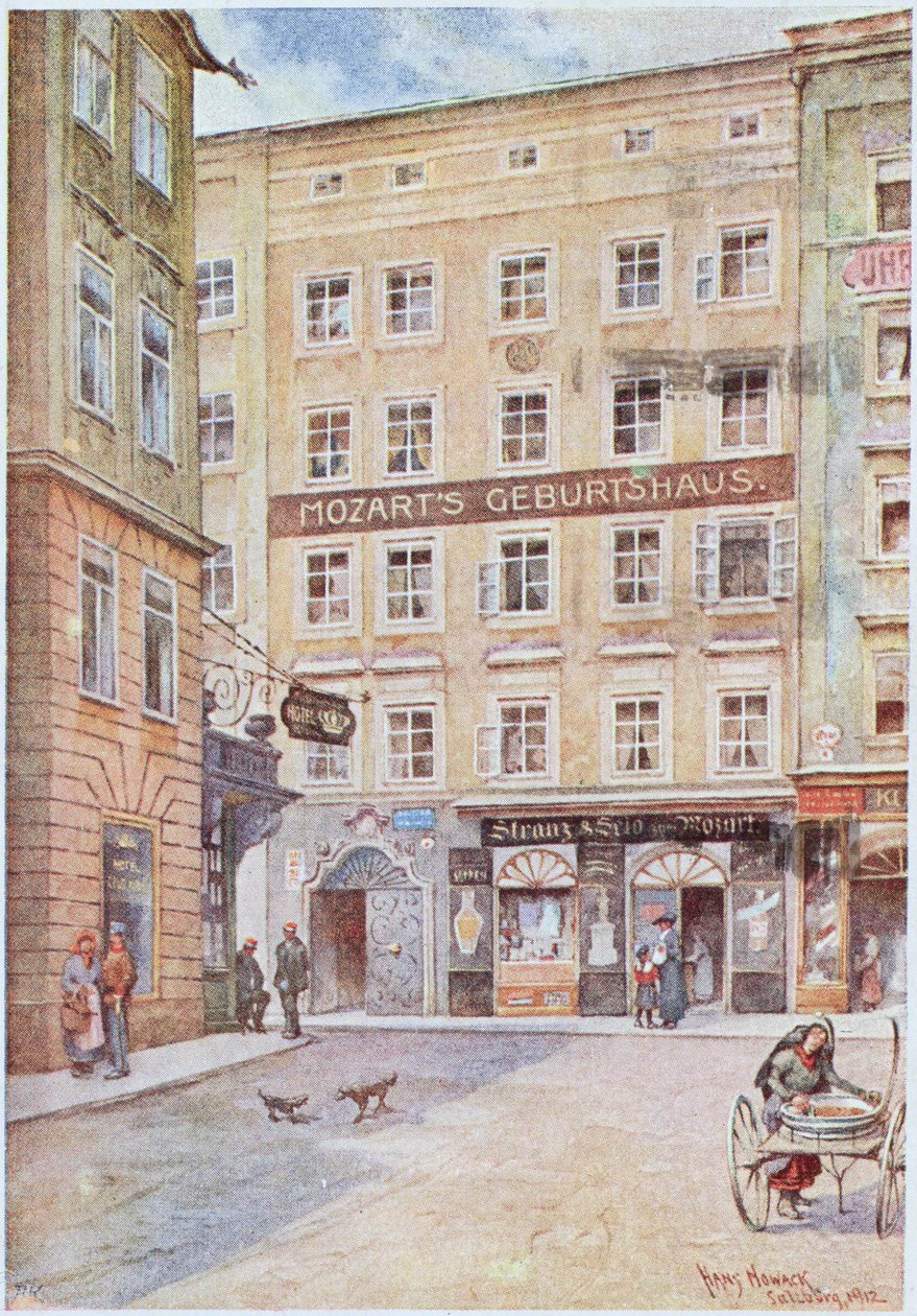 Postikortti Wolfgang Amadeus Mozartin (1756-91) syntymäkodista Salzburgissa, 1912. tekijältä Hans Nowack