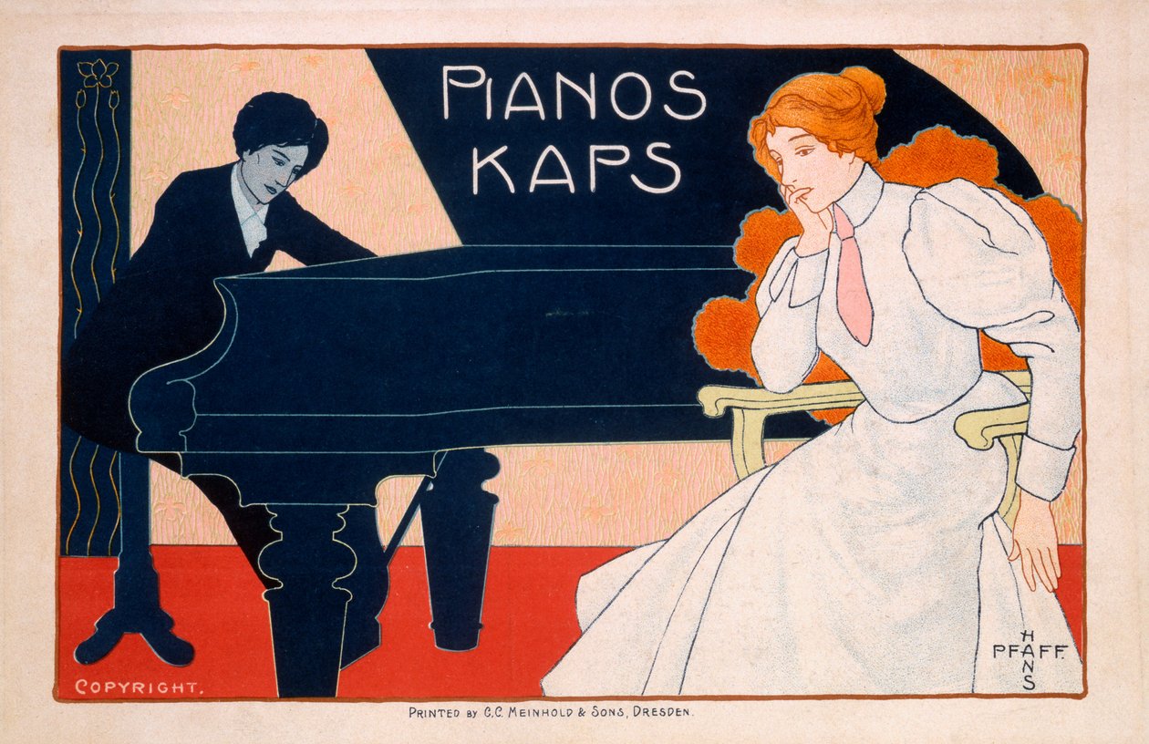 Mainos Kaps Pianosille, 1890-luku tekijältä Hans Pfaff