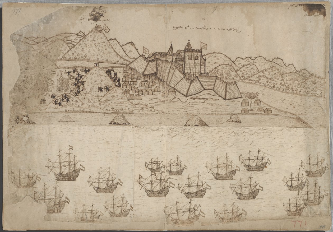 Gezicht op het fort en de rede van Elmina tekijältä Hans Propheet
