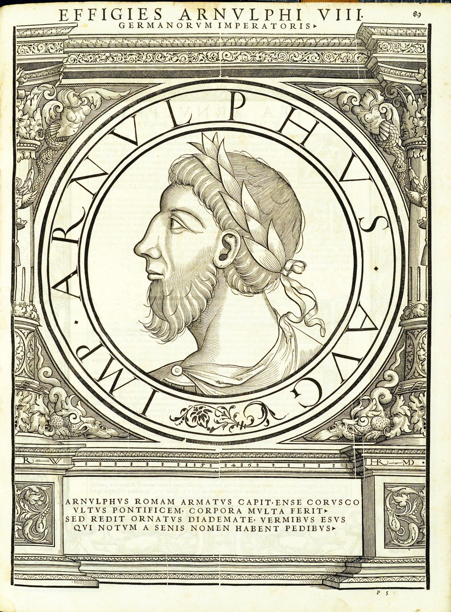 Arnulphus, kuvitus koko idän ja lännen Rooman keisareilta, aidot muinaisten kolikoiden kuvilla, Rudolph Wyssenbachin puupiirros, Andreas Gesner, Zürich, 155 tekijältä Hans Rudolf Manuel Deutsch