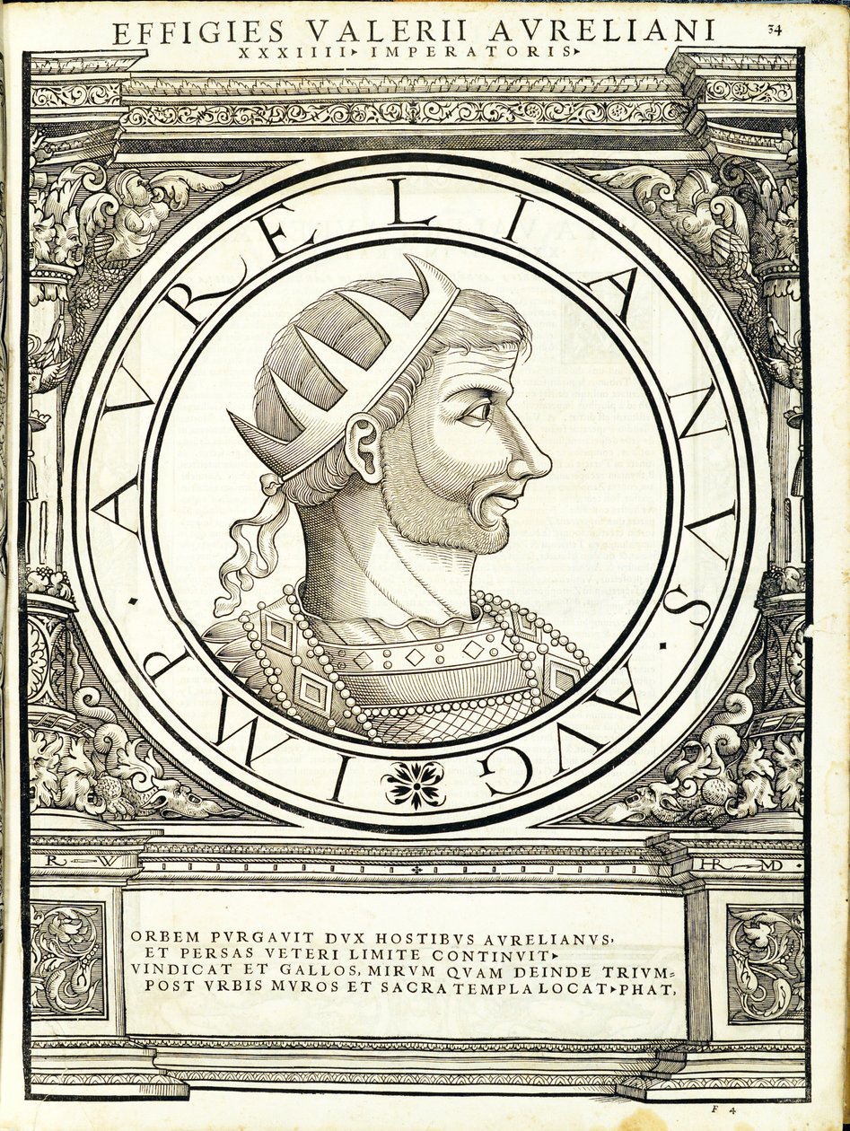 Aurelianus, kuvitus teoksesta "Kaiken idän ja lännen Rooman keisarit", Rudolph Wyssenbachin puupiirros, Andreas Gesner, Zürich, tekijältä Hans Rudolf Manuel Deutsch