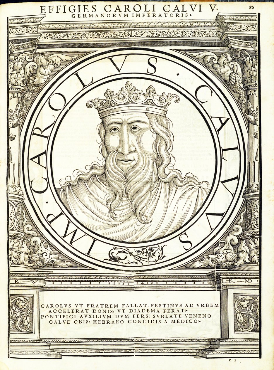 Charles Calus, kuvitus teoksesta "Kaiken idän ja lännen Rooman keisarit", Rudolph Wyssenbachin puupiirros, paina Andreas Gesner, Zuri tekijältä Hans Rudolf Manuel Deutsch