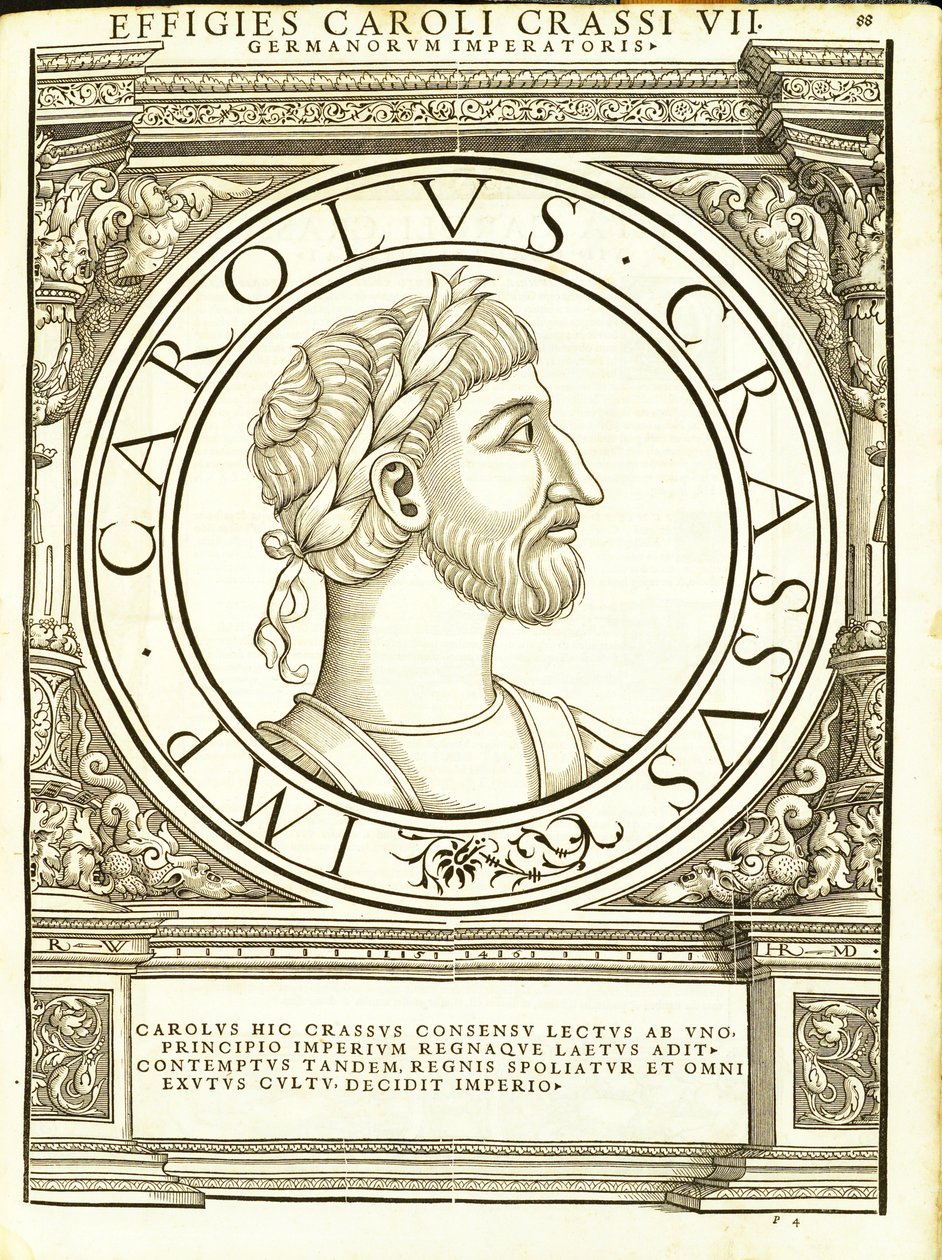Charles Crassus, kuvitus teoksesta "Kaiken idän ja lännen Rooman keisarit", Rudolph Wyssenbachin puupiirros, paina Andreas Gesner, Zur tekijältä Hans Rudolf Manuel Deutsch