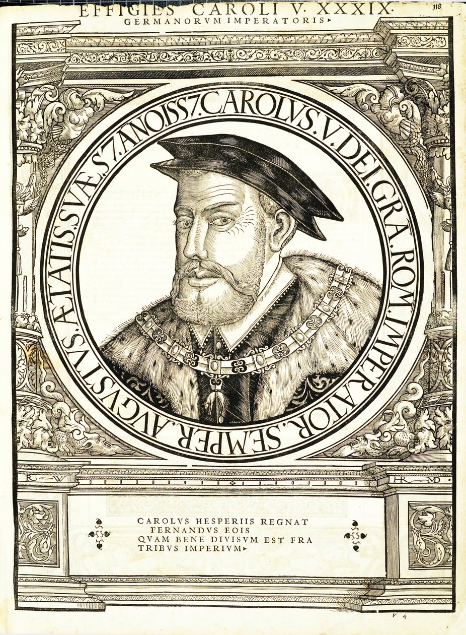 Kaarle V, kuvitus teoksesta "Kaiken idän ja lännen Rooman keisarit", Rudolph Wyssenbachin puupiirros, Andreas Gesner, Zürich, 1 tekijältä Hans Rudolf Manuel Deutsch