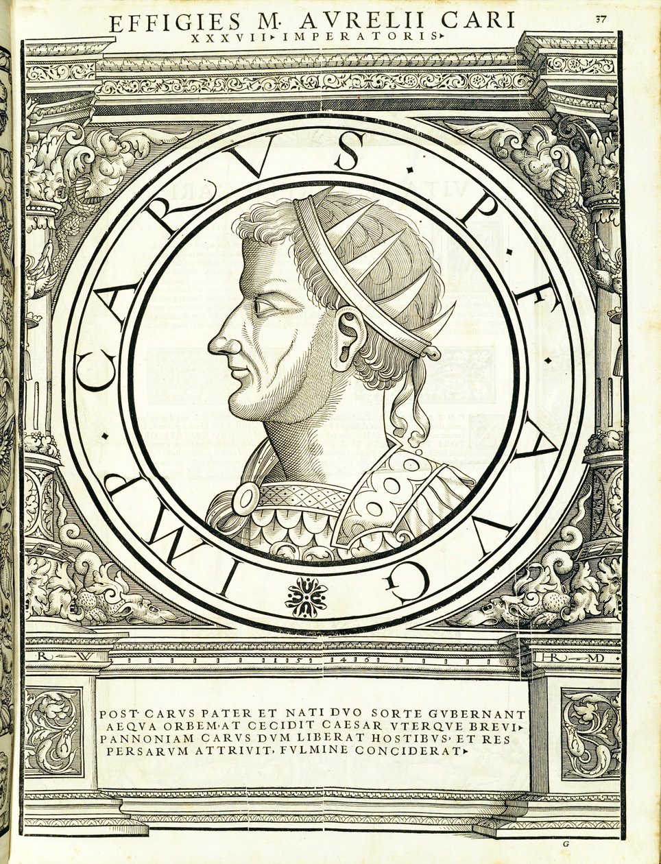 Carus, kuvitus koko idän ja lännen Rooman keisareilta, aidot muinaisten kolikoiden kuvilla, Rudolph Wyssenbachin puupiirros, Andreas Gesnerin painaja, Zürich, 1559 wo tekijältä Hans Rudolf Manuel Deutsch