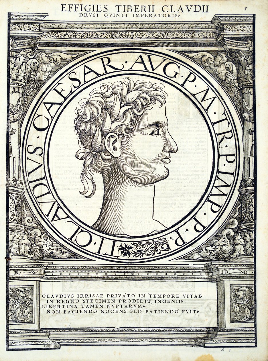 Claudius Caesar, kuvitus idän ja lännen antiikin Rooman keisarien aidoimmista kuvista, Rudolph Wyssenbachin puupiirros, Andreas Gesner, Zuric tekijältä Hans Rudolf Manuel Deutsch