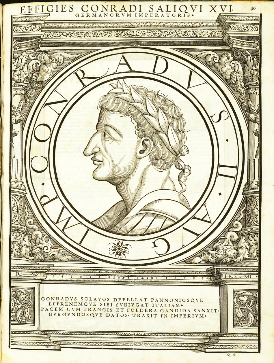 Conradus II Saliquus, kuvitus koko idän ja lännen Rooman keisareilta, erittäin todenmukaisilla kuvilla muinaisista kolikoista, Rudolph Wyssenbachin puupiirros, Andreas Gesnerin painama, tekijältä Hans Rudolf Manuel Deutsch