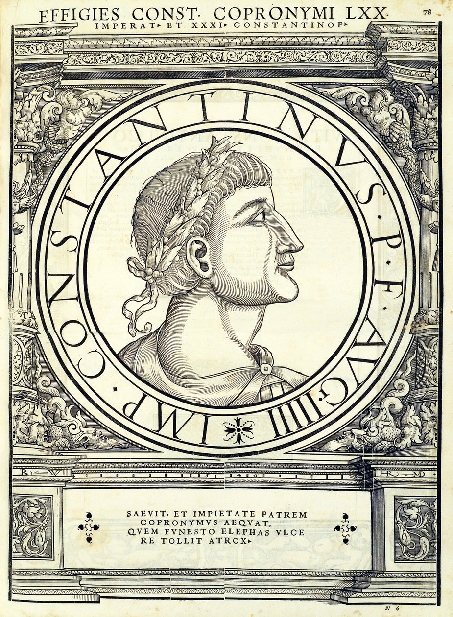 Copronymus Constantinus, kuvitus teoksesta "Kaiken idän ja lännen Rooman keisarit", Rudolph Wyssenbachin puupiirros, paina Andreas Ges tekijältä Hans Rudolf Manuel Deutsch