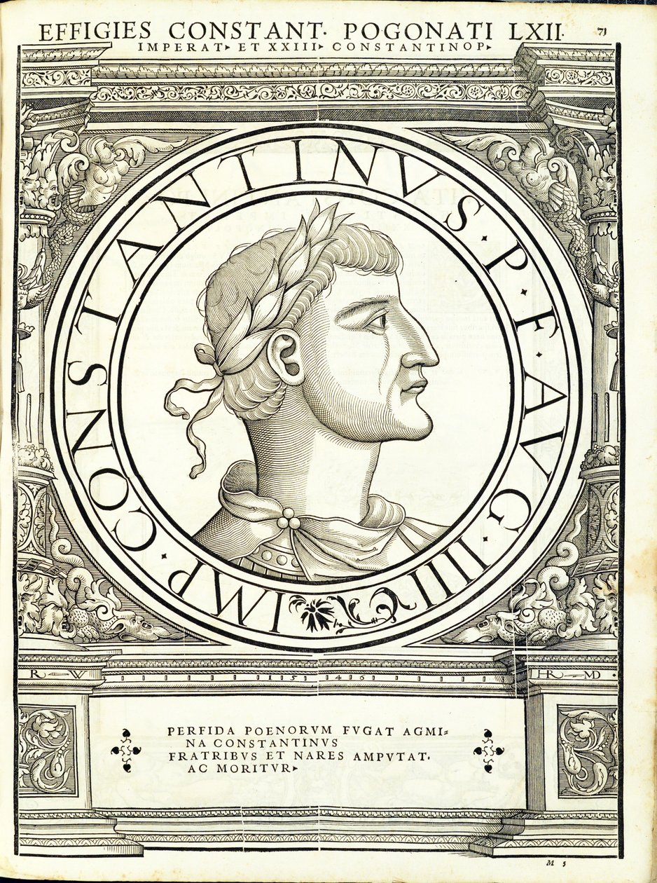 Constantinus Pogonatus, kuvitus teoksesta "Kaiken idän ja lännen Rooman keisarit", Rudolph Wyssenbachin puupiirros, paina Andreas Gesn tekijältä Hans Rudolf Manuel Deutsch