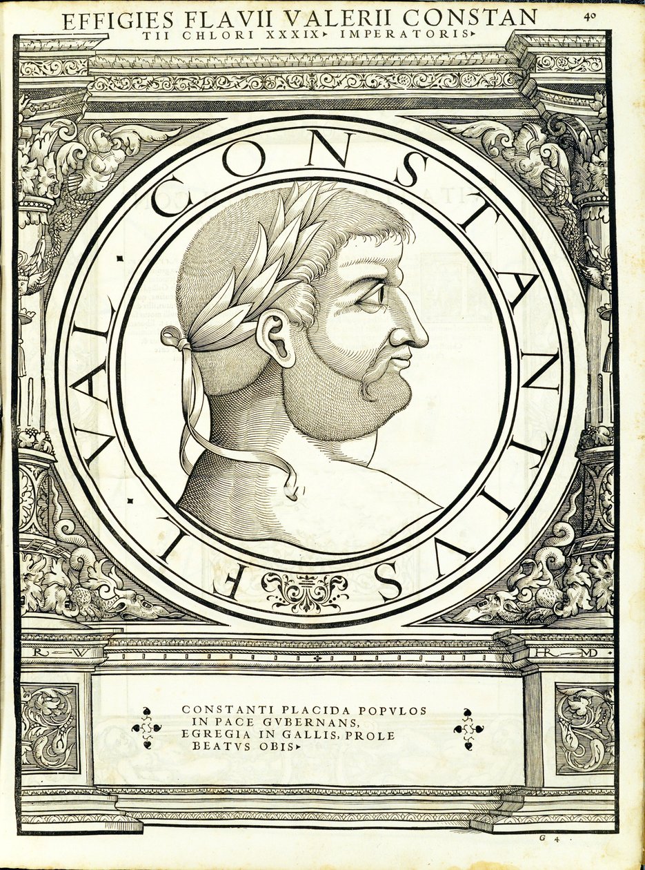 Constantius Chlorus, kuvitus teoksesta "Kaiken idän ja lännen Rooman keisarit", Rudolph Wyssenbachin puupiirros, paina Andreas Gesner, tekijältä Hans Rudolf Manuel Deutsch