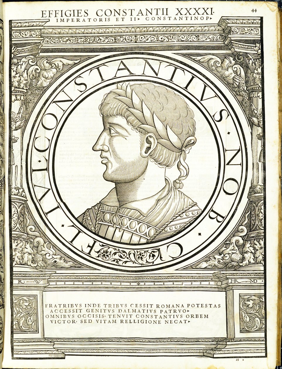 Constantius II, kuvitus teoksesta "Kaiken idän ja lännen Rooman keisarit", Rudolph Wyssenbachin puupiirros, paina Andreas Gesner, Zuri tekijältä Hans Rudolf Manuel Deutsch
