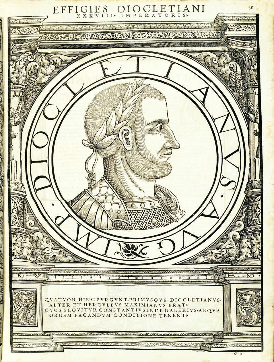 Diocletianus, kuvitus teoksesta "Kaiken idän ja lännen Rooman keisarit", Rudolph Wyssenbachin puupiirros, Andreas Gesner, Zürich tekijältä Hans Rudolf Manuel Deutsch