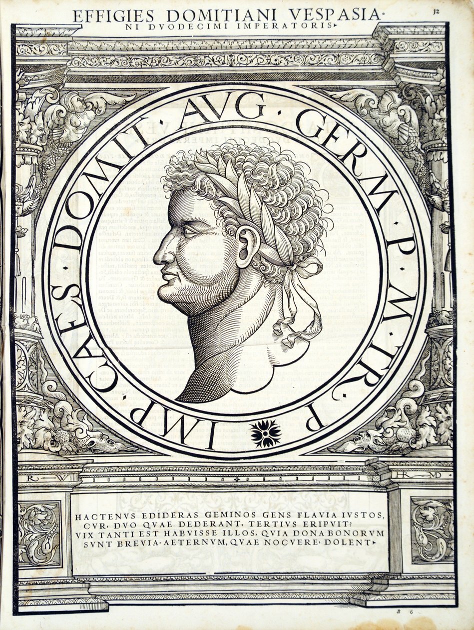 Domitianus, kuvitus teoksesta Imperatorum romanorum omnium orientalium et occidentalium verissimae imagines ex antiquis numismatis, Rudolph Wyssenbachin tekemä puupiirros, Andreas Gesnerin painama, Zürich, 15 vuotta. tekijältä Hans Rudolf Manuel Deutsch