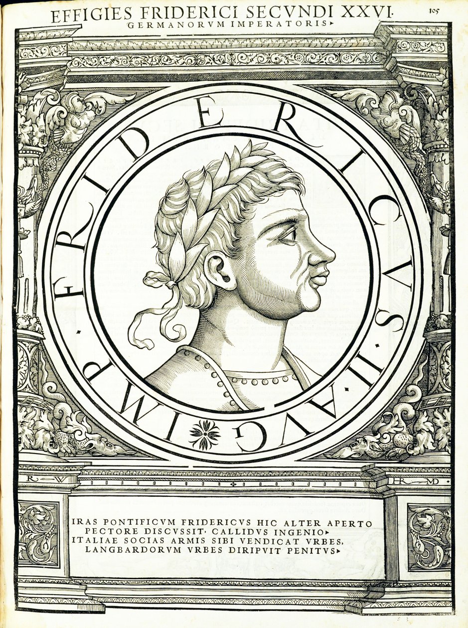 Fredericus II, kuvitus koko idän ja lännen Rooman keisareilta, aidoimmilla muinaisten kolikoiden kuvilla, Rudolph Wyssenbachin puupiirros, Andreas Gesnerin painaja, Zürich, tekijältä Hans Rudolf Manuel Deutsch