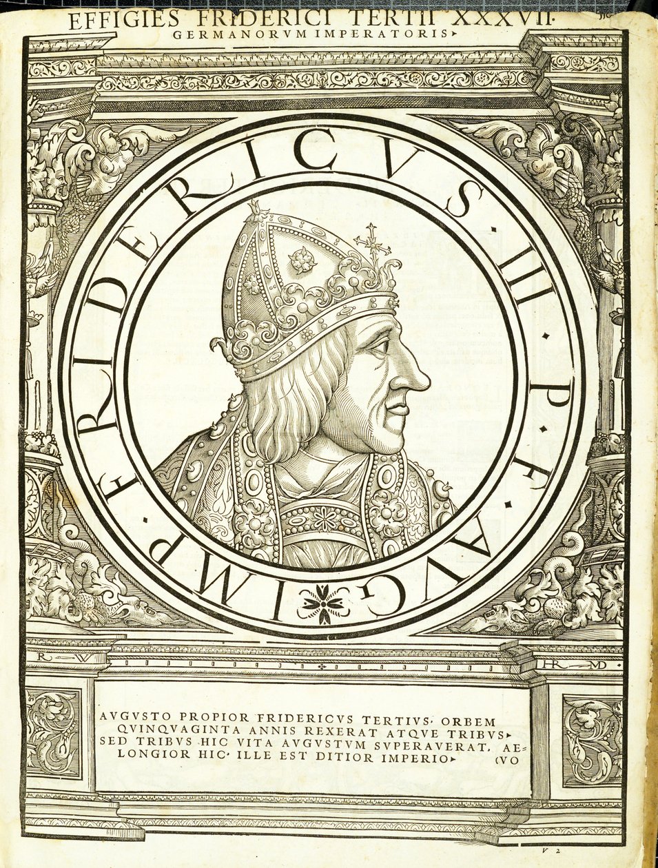 Friedrich III, kuvitus koko idän ja lännen Rooman keisareilta, aidot muinaisten kolikoiden kuvilla, Rudolph Wyssenbachin puupiirros, Andreas Gesner, Zürich tekijältä Hans Rudolf Manuel Deutsch