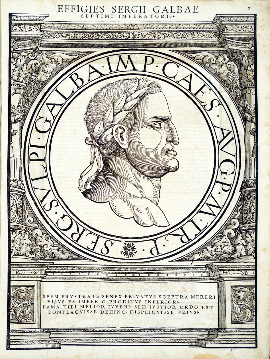 Galba, kuvitus autenttisimmista kuvista antiikin Rooman keisareista idässä ja lännessä, puupiirros Rudolph Wyssenbach, paina Andreas Gesner, Zürich, 1559 wo tekijältä Hans Rudolf Manuel Deutsch