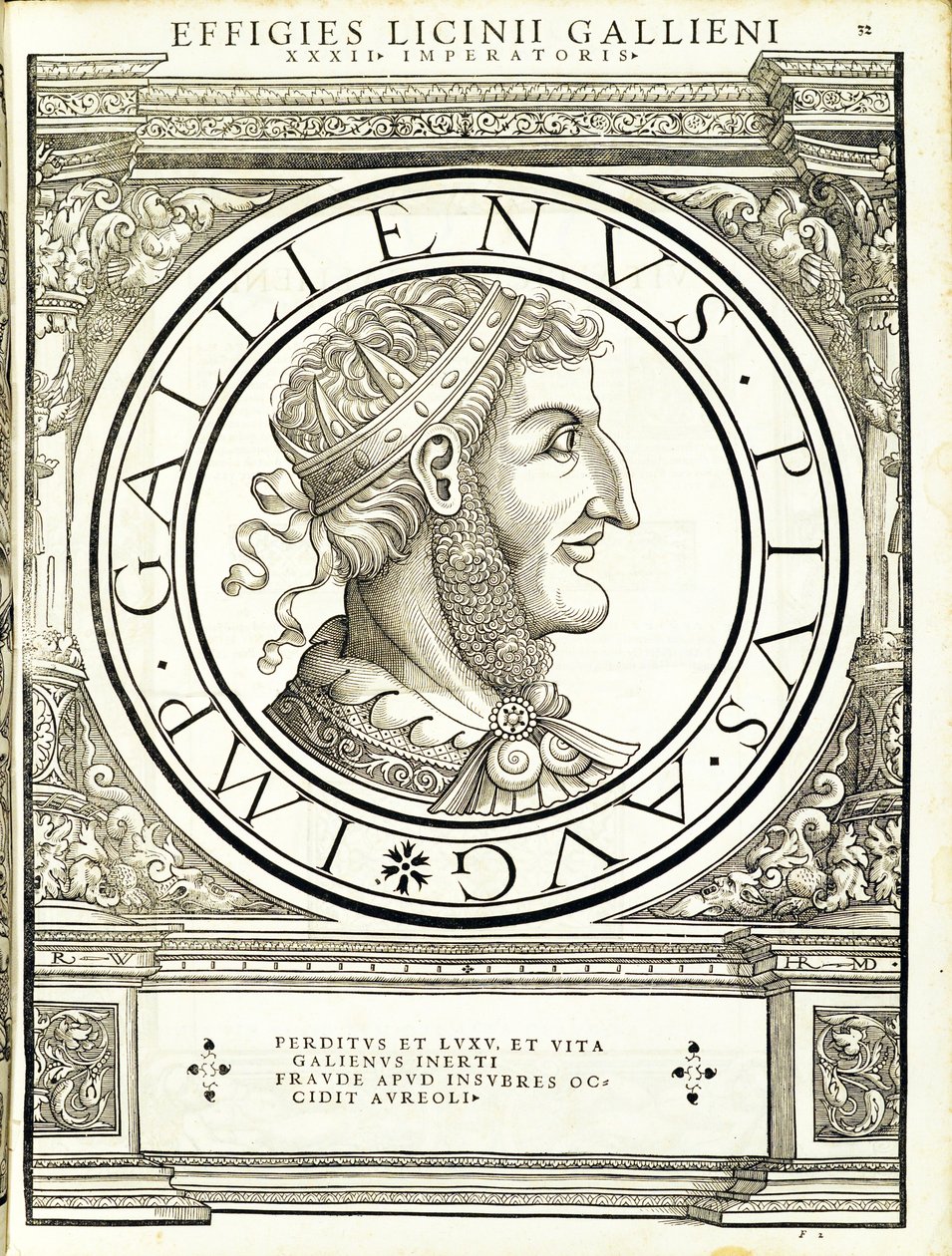 Gallienus, kuvitus teoksesta "Kaiken idän ja lännen Rooman keisarit", Rudolph Wyssenbachin puupiirros, paina Andreas Gesner, Zürich, 1 tekijältä Hans Rudolf Manuel Deutsch