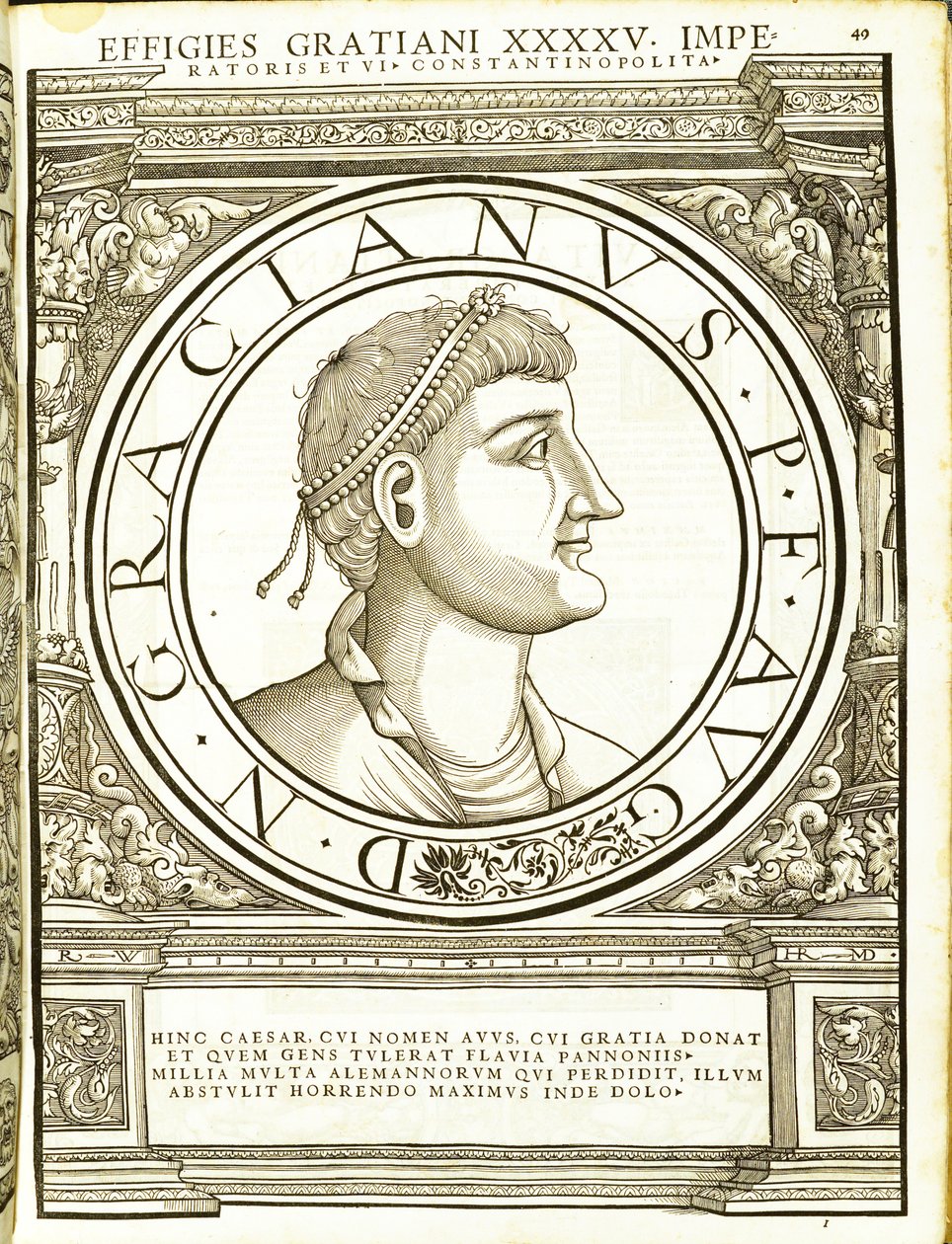 Gratian, kuvitus koko idän ja lännen Rooman keisareilta, aidoimmilla muinaisten kolikoiden kuvilla, Rudolph Wyssenbachin puupiirros, Andreas Gesner, Zürich, 155 tekijältä Hans Rudolf Manuel Deutsch