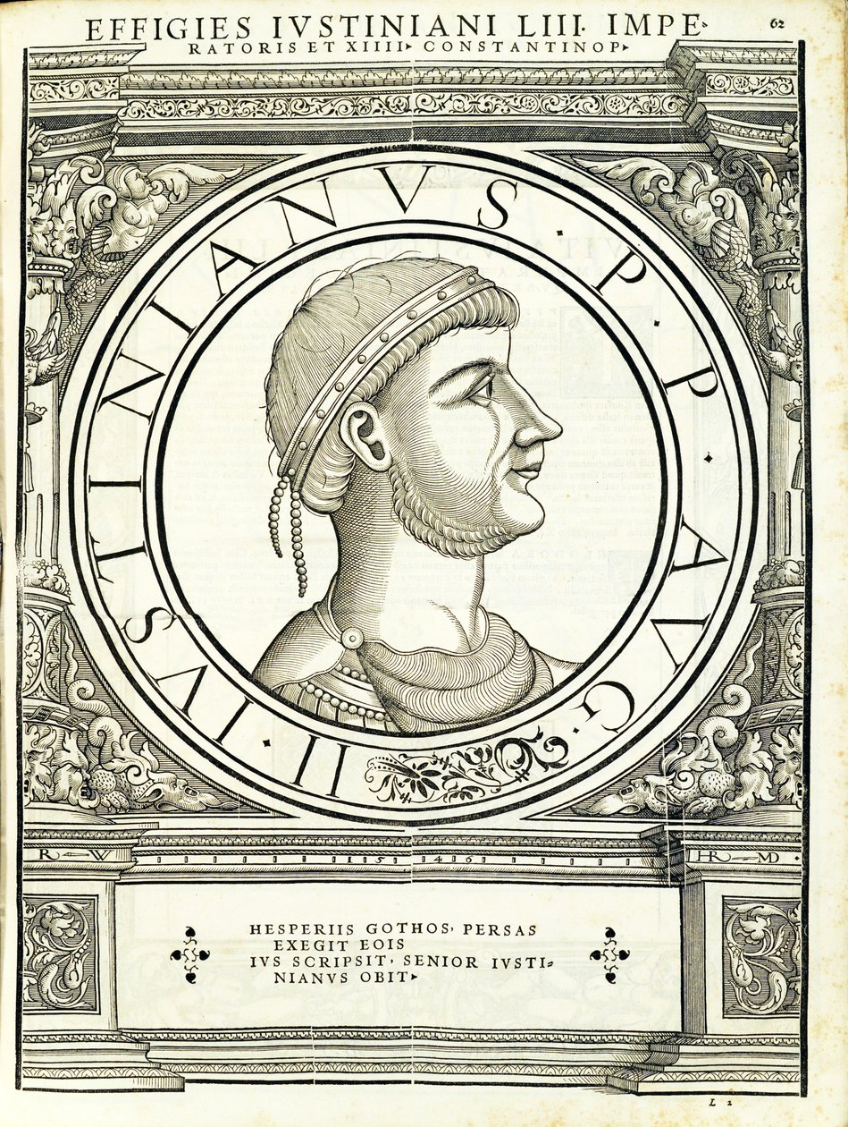 Justinianus I, kuvitus teoksesta "Kaiken idän ja lännen Rooman keisarit" tekijältä Hans Rudolf Manuel Deutsch