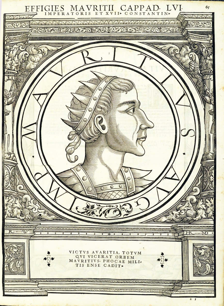Mauritius, kuvitus teoksesta "Kaiken idän ja lännen Rooman keisarit", Rudolph Wyssenbachin puupiirros, Andreas Gesner, Zürich, 1 tekijältä Hans Rudolf Manuel Deutsch