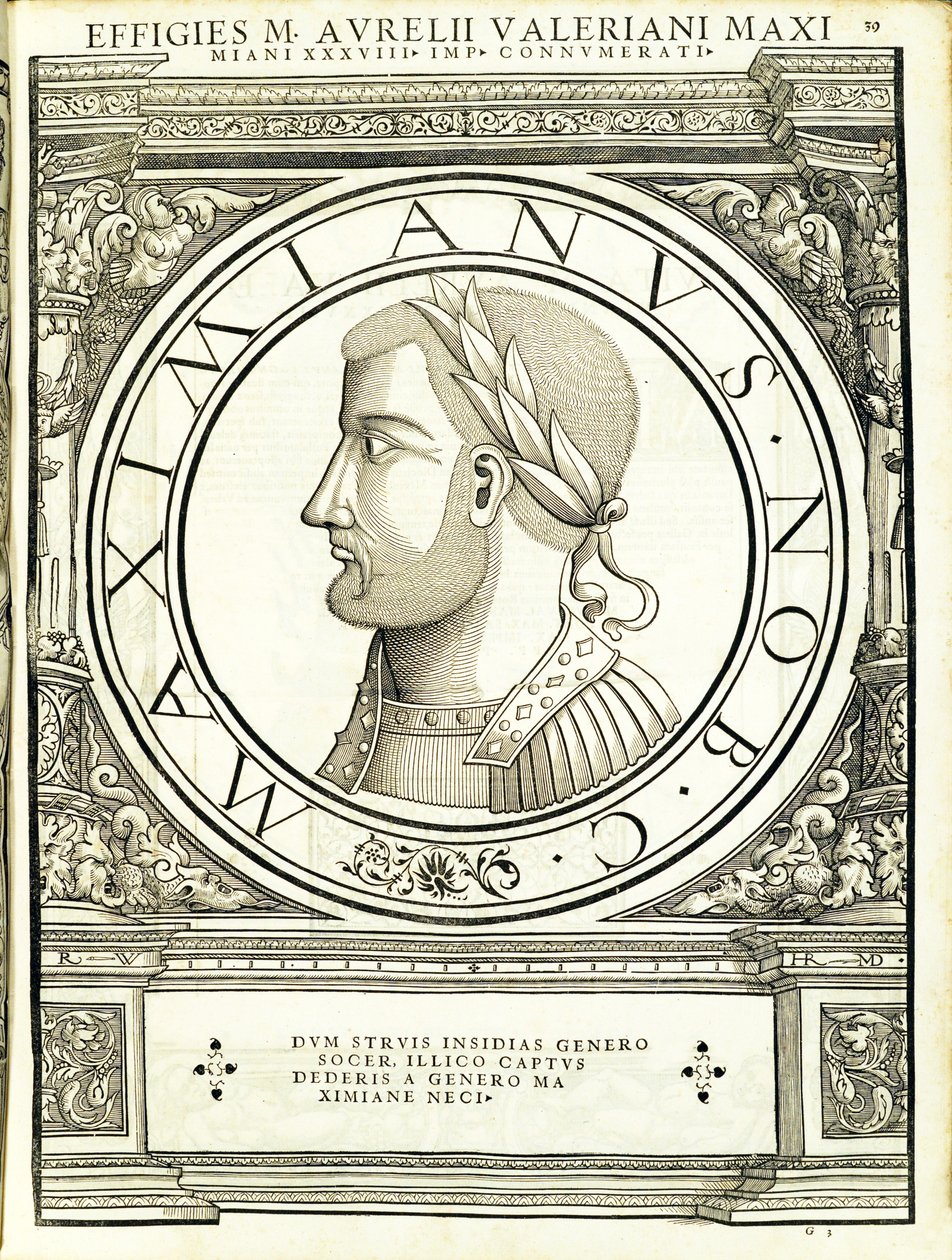 Maximianus, kuvitus teoksesta "Kaiken idän ja lännen Rooman keisarit", Rudolph Wyssenbachin puupiirros, paina Andreas Gesner, Zürich tekijältä Hans Rudolf Manuel Deutsch
