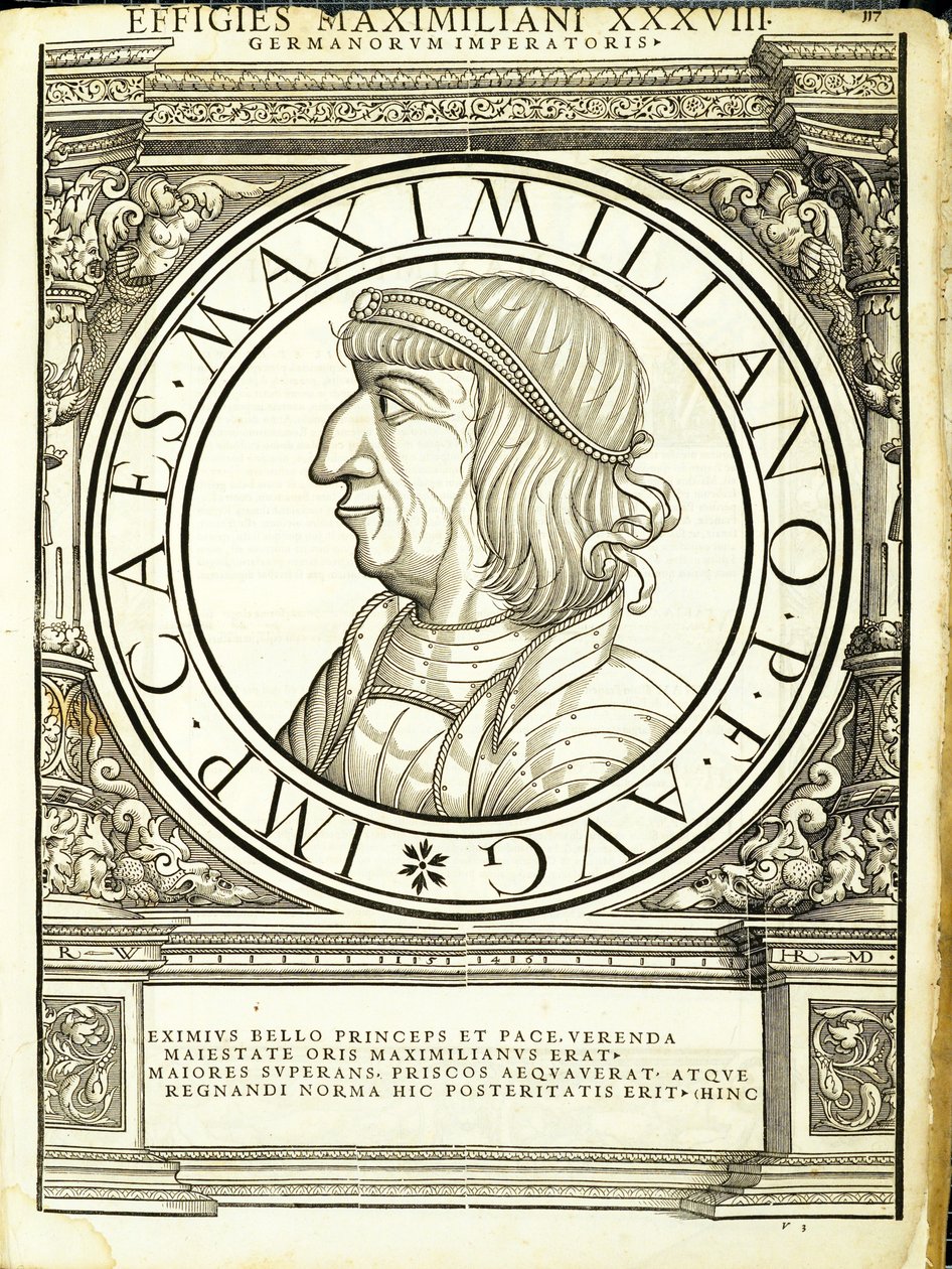 Maximilian, kuvitus aidoimmista kuvista antiikin Rooman keisareista idässä ja lännessä, puupiirros Rudolph Wyssenbach, paina Andreas Gesner, Zürich, tekijältä Hans Rudolf Manuel Deutsch