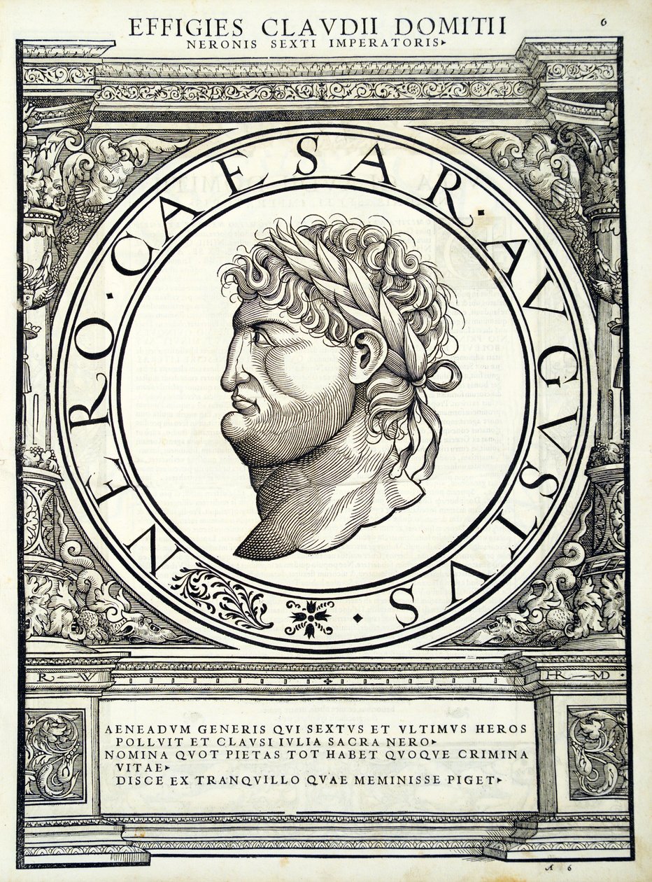 Nero, kuvitus teoksesta "Kaiken idän ja lännen Rooman keisarit", Rudolph Wyssenbachin puupiirros, Andreas Gesner, Zürich, 1559 tekijältä Hans Rudolf Manuel Deutsch