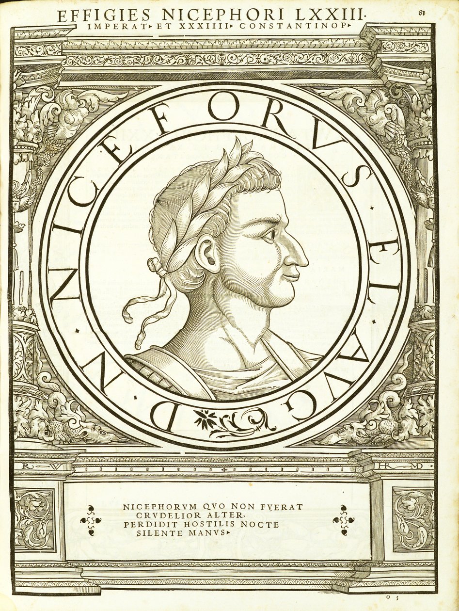 Nicephorus, kuvitus teoksesta "Kaiken idän ja lännen Rooman keisarit", Rudolph Wyssenbachin puupiirros, paina Andreas Gesner, Zürich tekijältä Hans Rudolf Manuel Deutsch