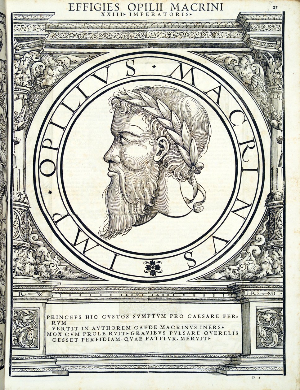 Opilius Macrinus, kuvitus teoksesta "Kaiken idän ja lännen Rooman keisarit", Rudolph Wyssenbachin puupiirros, paina Andreas Gesner, Zu tekijältä Hans Rudolf Manuel Deutsch