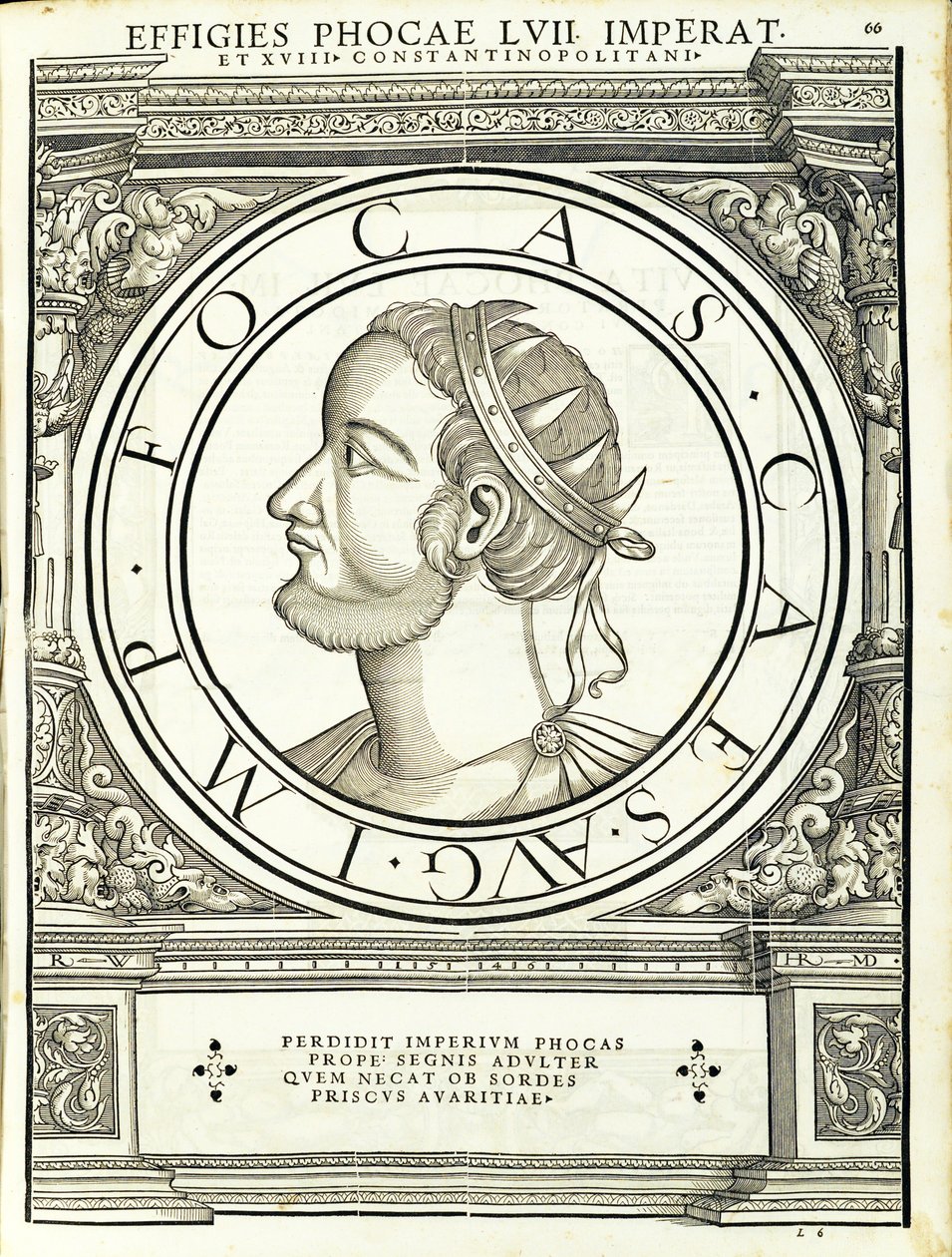 Phocas, kuvitus koko idän ja lännen Rooman keisareilta aidoimmilla muinaisten kolikoiden kuvilla, Rudolph Wyssenbachin puupiirros, Andreas Gesner, Zürich, 1559 w tekijältä Hans Rudolf Manuel Deutsch