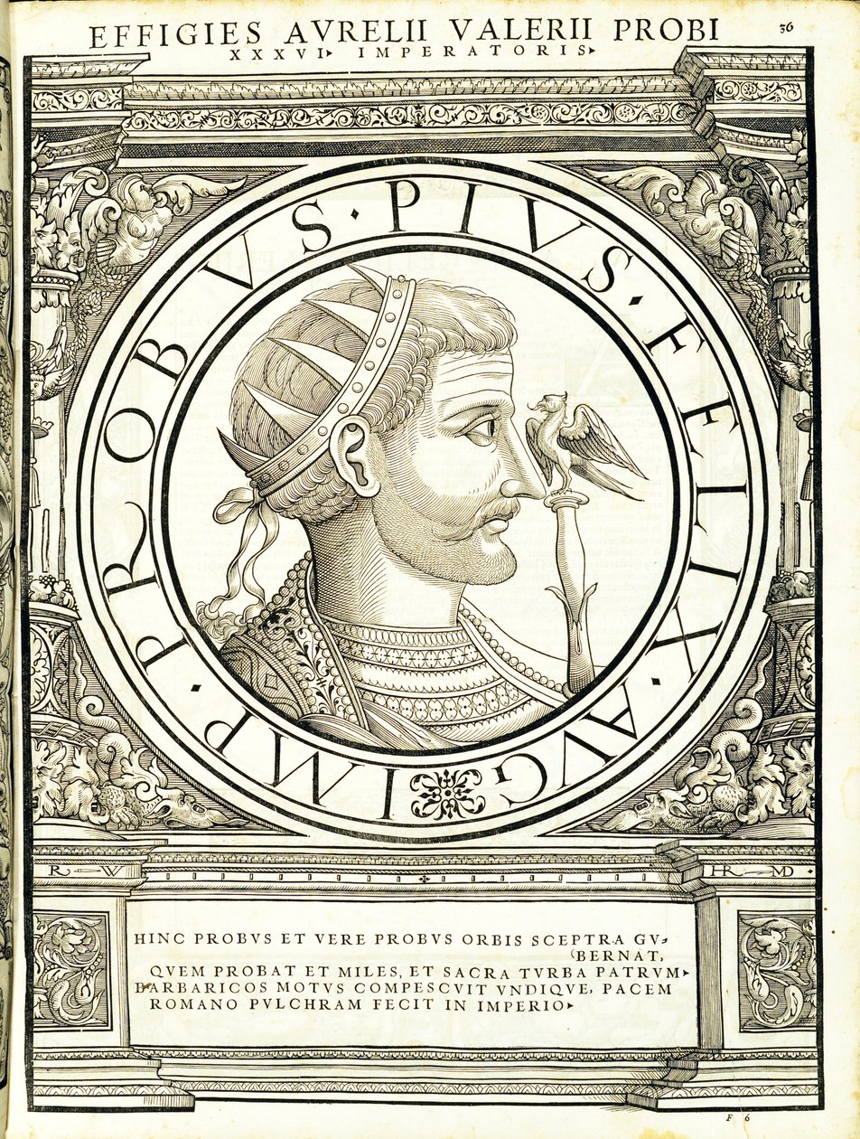 Probus, kuvitus teoksesta "Kaiken idän ja lännen Rooman keisarit", Rudolph Wyssenbachin puupiirros, Andreas Gesner, Zürich, 1559 tekijältä Hans Rudolf Manuel Deutsch