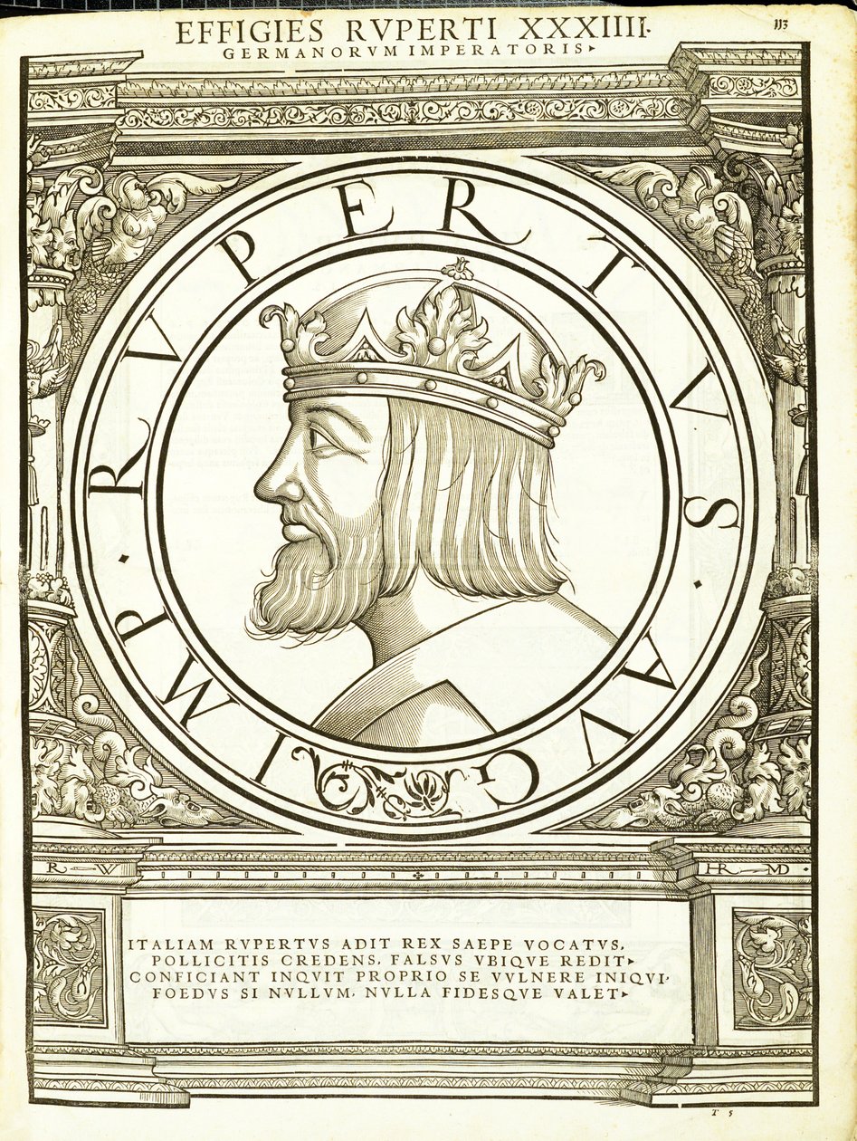 Rupertus, kuvitus teoksesta "Imperatorum romanorum omnium orientalium et occidentalium verissimae imagines ex antiquis numismatis", Rudolph Wyssenbachin tekemä puupiirros, painanut Andreas Gesner, Zürich, 15 tekijältä Hans Rudolf Manuel Deutsch