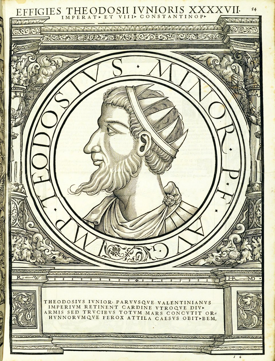 Theodosius nuorempi, kuvitus teoksesta "Kaiken idän ja lännen Rooman keisarit", puupiirros Rudolph Wyssenbach, paina Andreas Gesner, Z tekijältä Hans Rudolf Manuel Deutsch