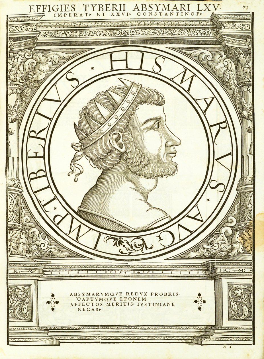 Tiberius Absymarus, kuvitus koko idän ja lännen Rooman keisareilta aidoimmilla muinaisten kolikoiden kuvilla, Rudolph Wyssenbachin puupiirros, paina Andreas Gesner, Zu tekijältä Hans Rudolf Manuel Deutsch
