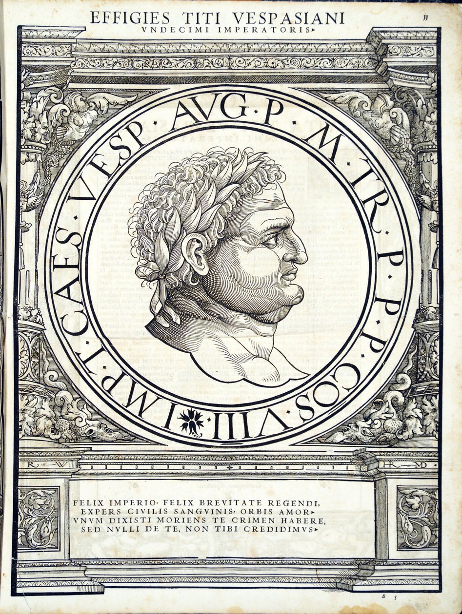 Titus Vespasianus, kuvitus koko idän ja lännen Rooman keisareilta aidoimmilla muinaisten kolikoiden kuvilla, Rudolph Wyssenbachin puupiirros, Andreas Gesnerin painaja, Zur tekijältä Hans Rudolf Manuel Deutsch