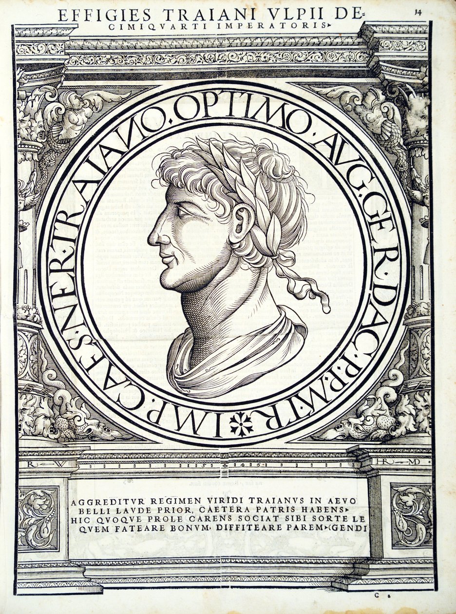 Traianus, kuvitus teoksesta "Kaiken idän ja lännen Rooman keisarit", Rudolph Wyssenbachin puupiirros, paina Andreas Gesner, Zürich, 15 tekijältä Hans Rudolf Manuel Deutsch