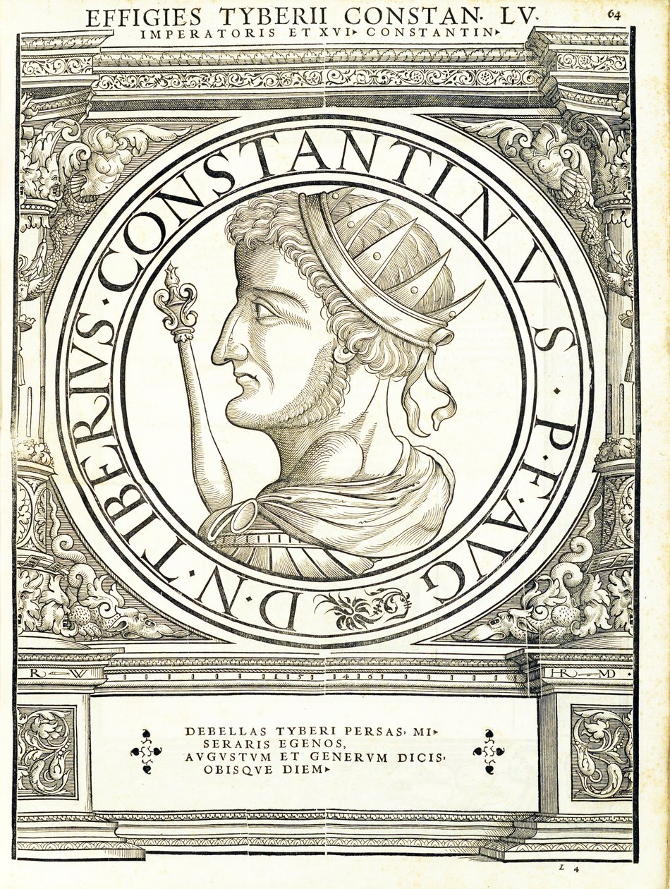 Tyberius Constantinus, kuvitus koko idän ja lännen Rooman keisareilta, kuvia vanhimmista kolikoista, Rudolph Wyssenbachin puupiirros, Andreas Gesnerin painatus, tekijältä Hans Rudolf Manuel Deutsch