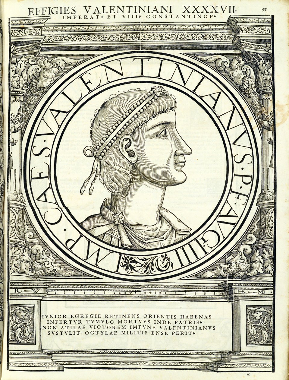 Valentinianus III, kuvitus idän ja lännen antiikin Rooman keisarien autenttisimmista kuvista, Rudolph Wyssenbachin puupiirros, Andreas Gesner, Zur tekijältä Hans Rudolf Manuel Deutsch