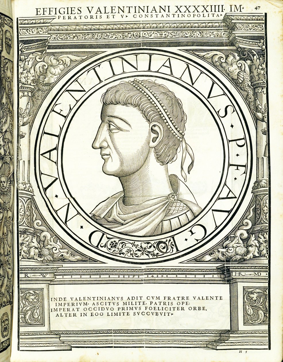 Valentinianus, kuvitus aidoimmista kuvista antiikin Rooman keisareista idässä ja lännessä, puupiirros Rudolph Wyssenbach, paina Andreas Gesner, Zürich, tekijältä Hans Rudolf Manuel Deutsch