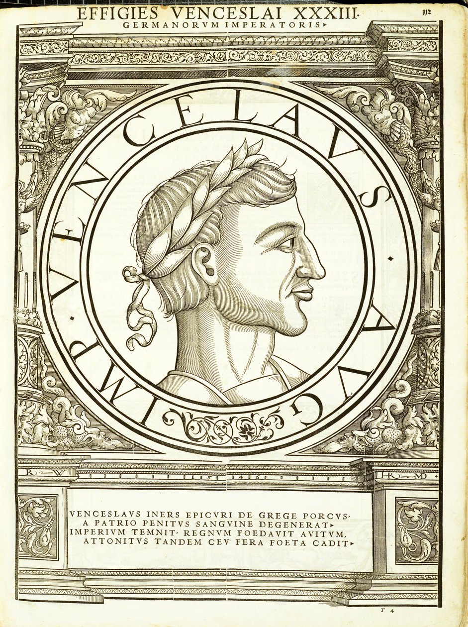 Vuenzeslaus, kuvitus teoksesta "Kaikkien Itä- ja Länsi-Rooman keisarien Rooman keisarit kuvilla vanhimmista kolikoista", Rudolph Wyssenbachin puupiirros, paina Andreas Gesner, Zürich tekijältä Hans Rudolf Manuel Deutsch
