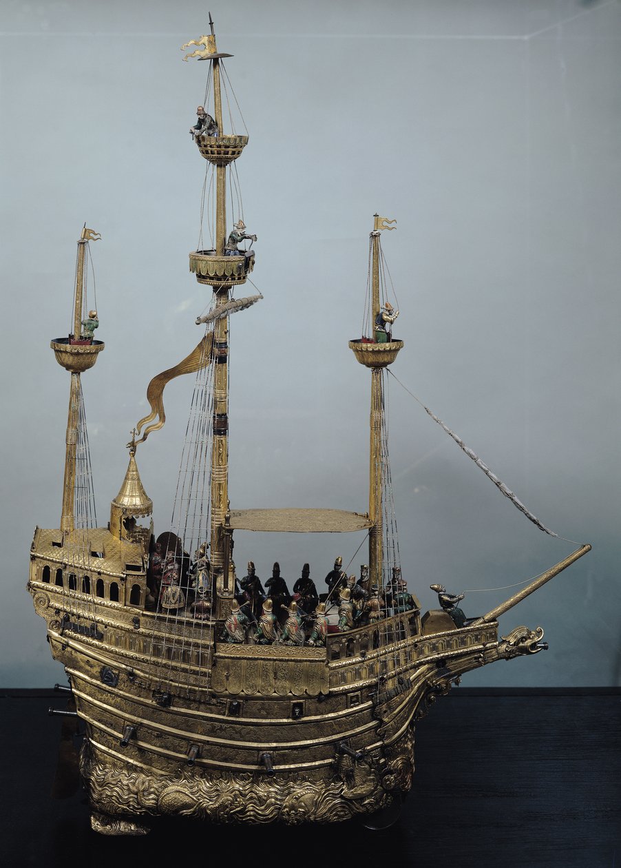 Charles V automaattikello nefin muodossa, n. 1580 (messinki ja emali) tekijältä Hans Schlottheim