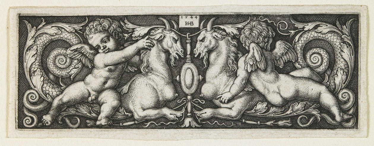 Ornamentti, jossa kaksi geniiä ratsastaa kahdella kimeralla, 1544 tekijältä Hans Sebald Beham