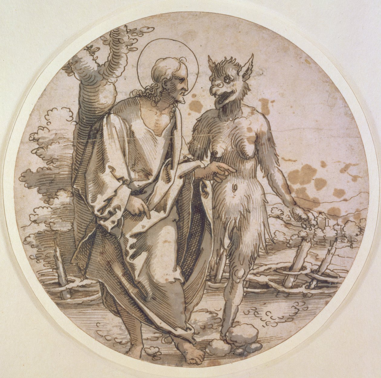 Kristuksen kiusaus, n. 1522 (kynä ja muste, wc ja pesu paperille) tekijältä Hans Sebald Beham