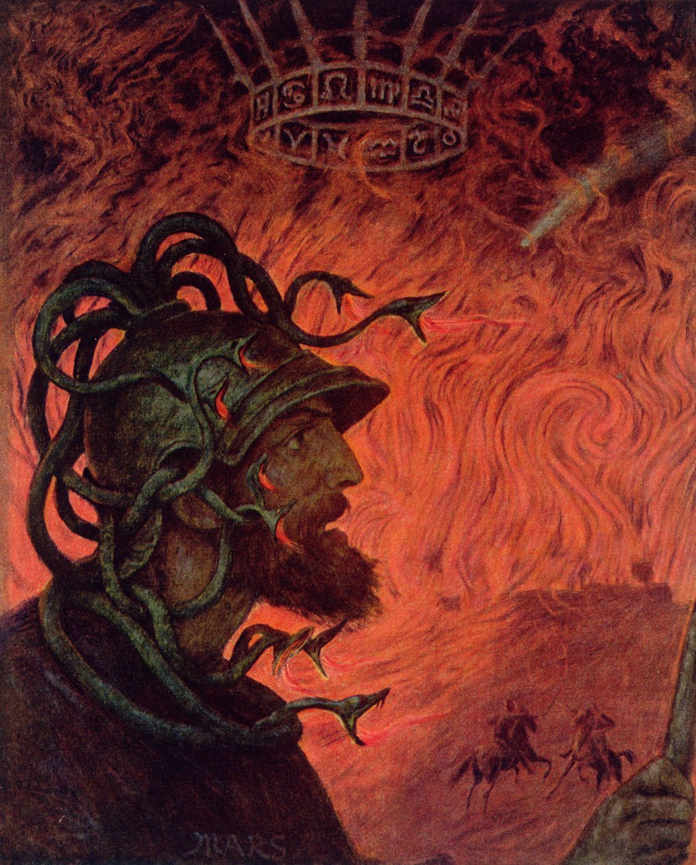 Mars, kuvitus Leipzigissa julkaistusta "Festkalender"-julkaisusta noin vuonna 1910 (värilitografia). tekijältä Hans Thoma